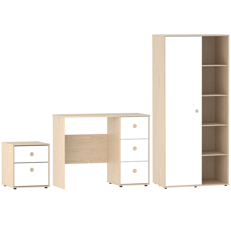 Junior Vida Neptune 3 Piece Bedroom Set - White & Oak (Desk - Bedside Table - Wardrobe)