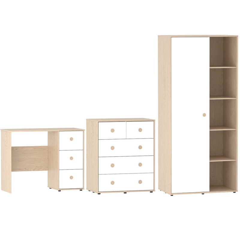 Junior Vida Neptune 3 Piece Bedroom Set - White & Oak (Desk - Drawer Chest - Wardrobe)