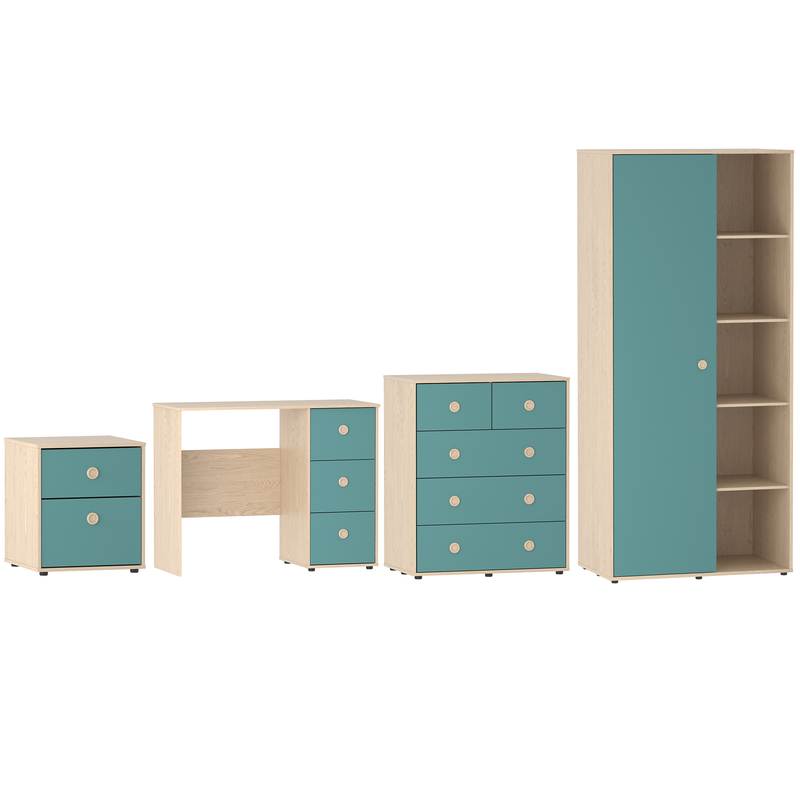 Junior Vida Neptune 4 Piece Bedroom Set - Blue & Oak (Desk - Bedside Table - Drawer Chest - Wardrobe)