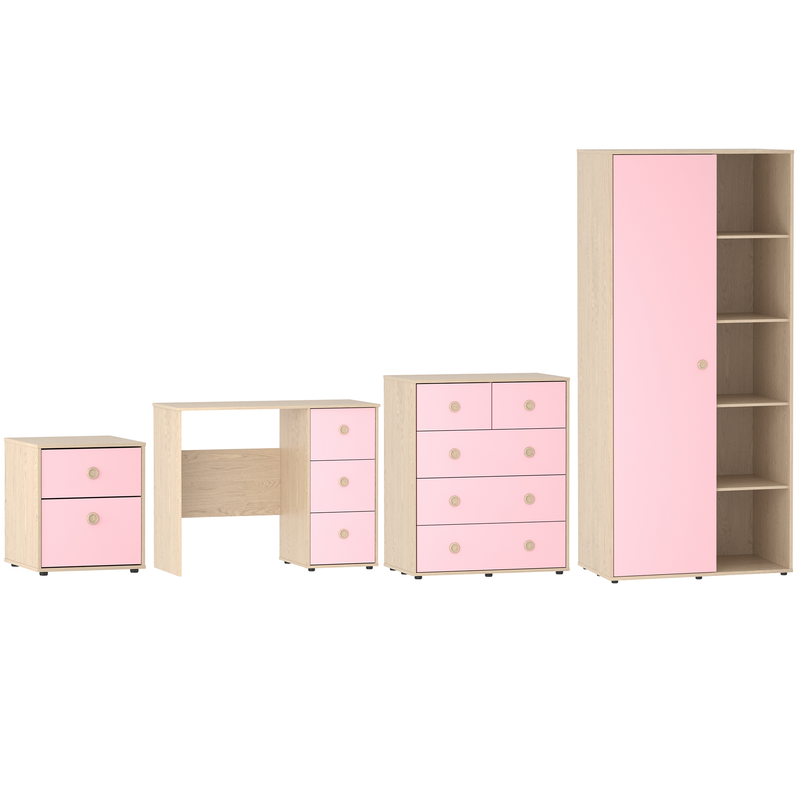 Junior Vida Neptune 4 Piece Bedroom Set - Pink & Oak (Desk - Bedside Table - Drawer Chest - Wardrobe)