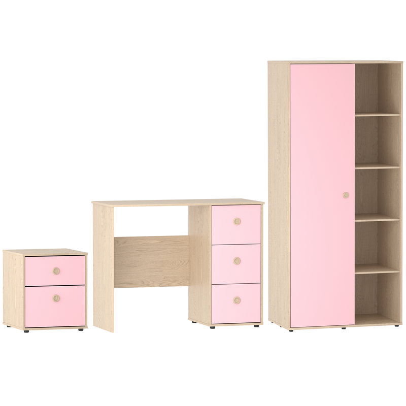 Junior Vida Neptune 3 Piece Bedroom Set - Pink & Oak (Desk - Bedside Table - Wardrobe)