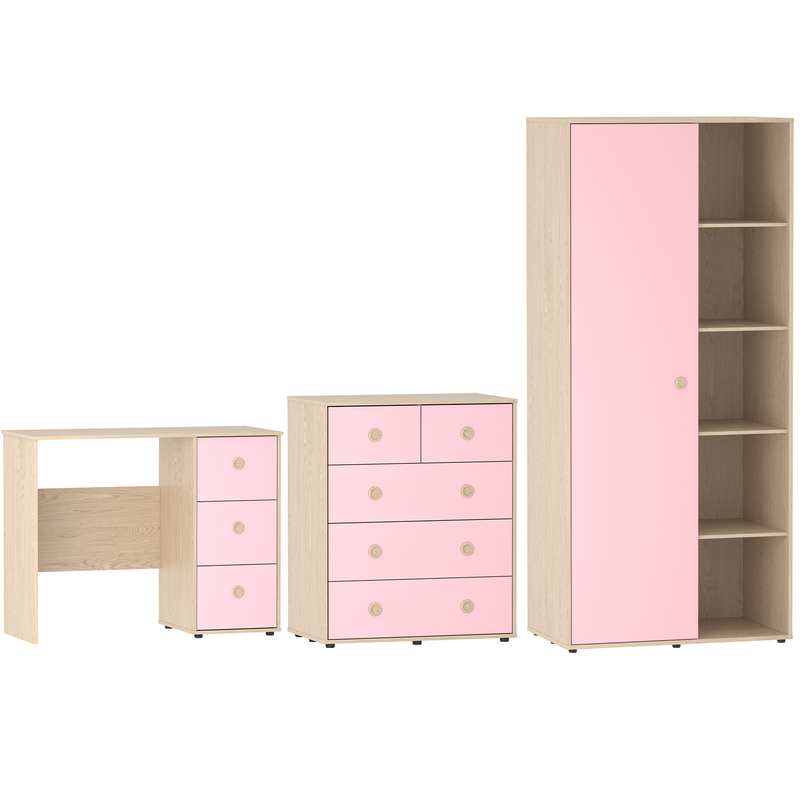 Junior Vida Neptune 3 Piece Bedroom Set - Pink & Oak (Desk - Drawer Chest - Wardrobe)