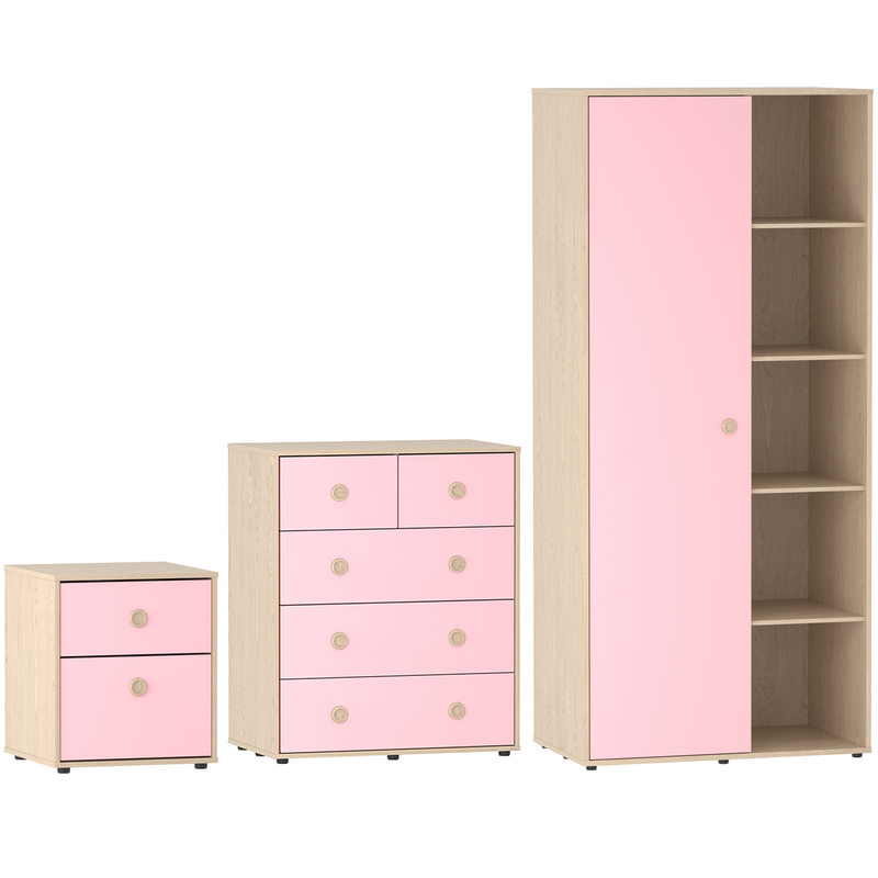Junior Vida Neptune 3 Piece Bedroom Set - Pink & Oak (Bedside Table - Drawer Chest - Wardrobe)